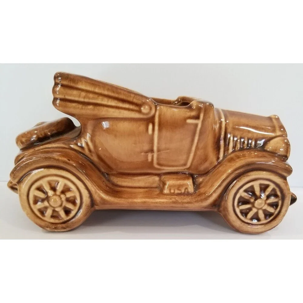 Vintage USA‑Marked Brown Ceramic Car Figurine Planter